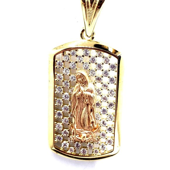14K REAL GOLD pendant tri-color Guadalupe CZ White